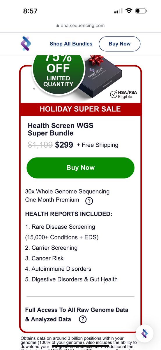 AndrewMWaters's tweet image. If I am reading this correctly, you can get your own personal whole genome sequencing with access tot he raw data for $300