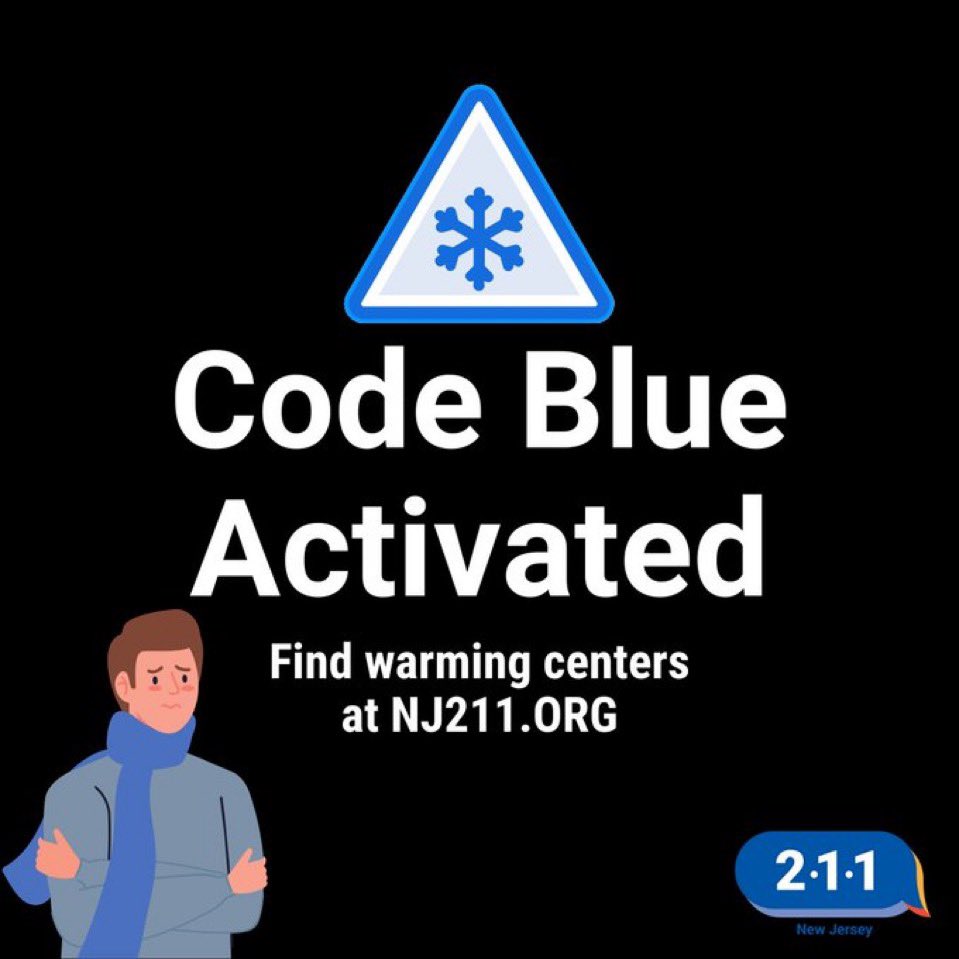 GovMurphy's tweet photo. We have a Code Blue in effect across all 21 counties statewide due to below freezing temperatures.

Please remember to dress warmly and limit your time outdoors. If you need safe shelter, find a warming center near you at https://t.co/J9pnTJYZJJ https://t.co/UvPvvqaABe
