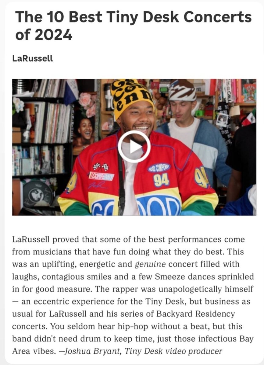 LaRussellGC's tweet photo. TOP 10 TINY DESKS OF THE YEAR!!!!

WHAT AN HONOR!!!! 🙏🏾🙏🏾

IN THE 4TH QUARTER!!!!

Thank you, @nprmusic 🫂.

Thank you @AlanteSerene for fighting for the region!!! 🫂 https://t.co/DuqewAHOsG