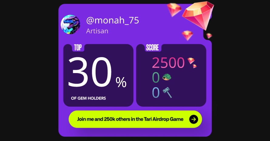 monah_75's tweet photo. I'm in the top 29% of players in the Tari Airdrop game! @tari is a new versatile layer 1 blockchain protocol built in Rust. Play the airdrop game now! https://t.co/IYRFlml5WX #MyTariRank https://t.co/6HiuvIj0QF