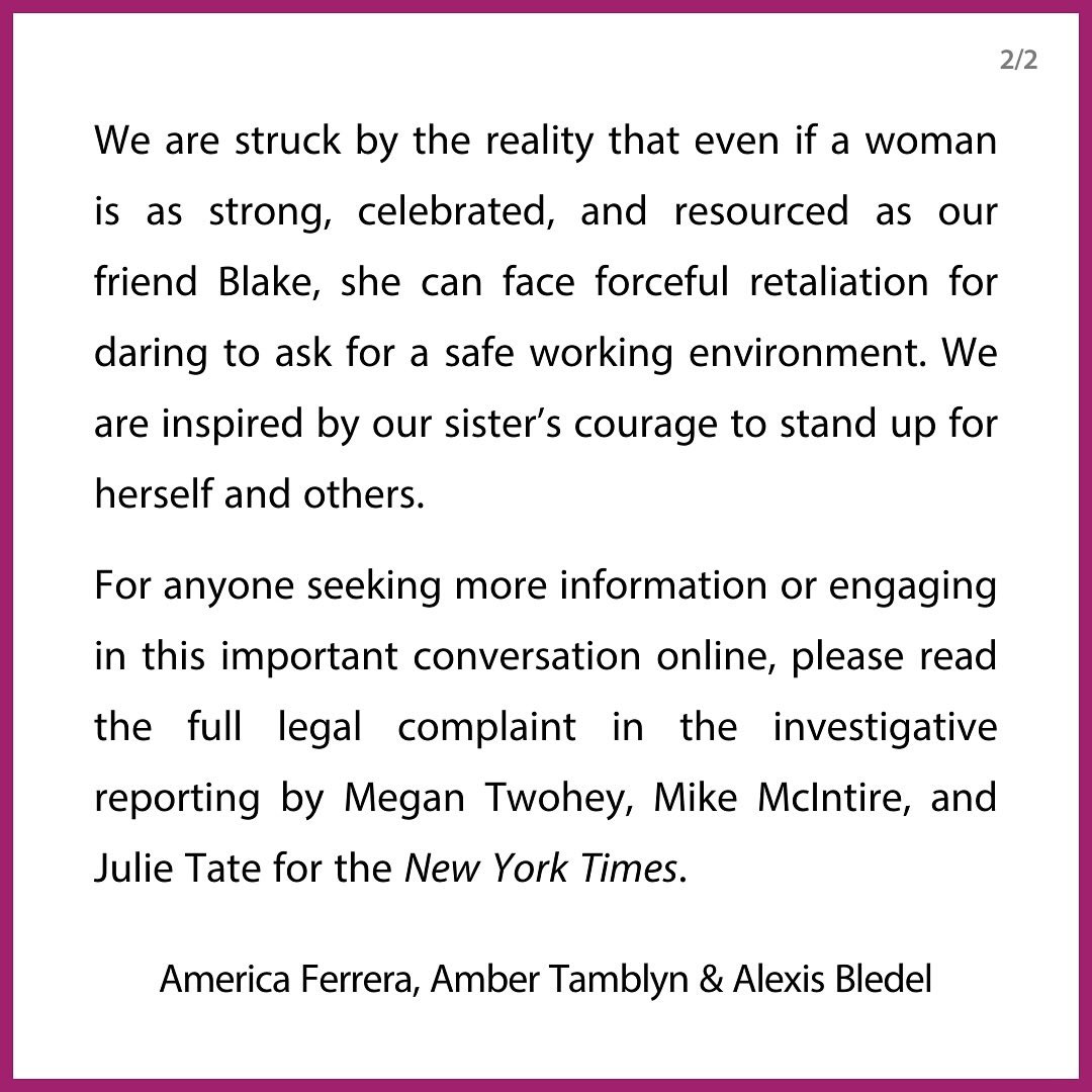 PopBase's tweet photo. Blake Lively’s ‘Sisterhood of the Traveling Pants’ co-stars America Ferrera, Amber Tamblyn and Alexis Bledel release a statement in her support:

“In support of our sister, Blake.” https://t.co/1j7vMOzG8M