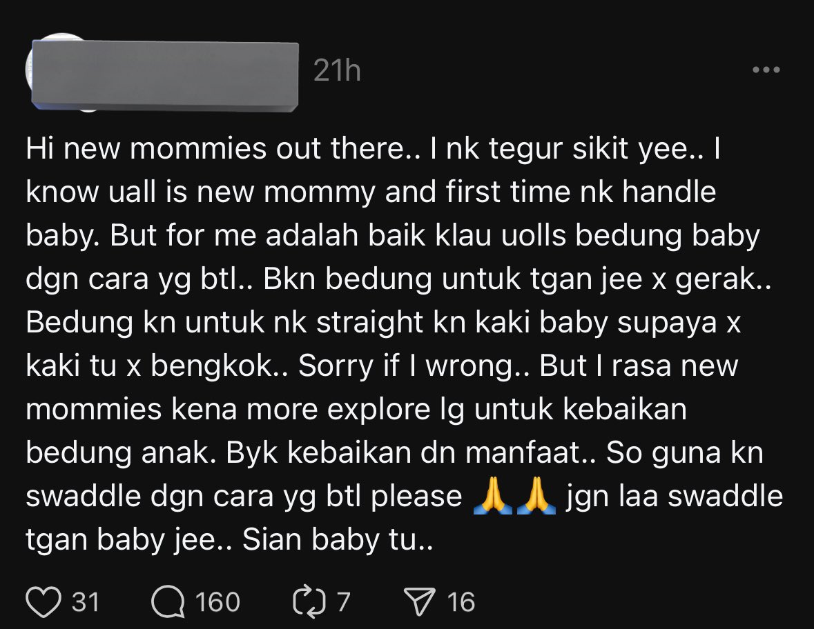 ezzahnor's tweet photo. I jumpa dekat threads. Info ni salah &amp; bahaya ya!

Tujuan bedung bukan utk straight kan kaki baby.

Tapi untuk kurangkan moro reflex baby (refleks terkejut) so baby dapat tidur lebih lena.

Salah bedung, baby boleh kena dysplasia. Kat bawah ni i share cara bedung yg betul ya… https://t.co/sC3HCVhRUk