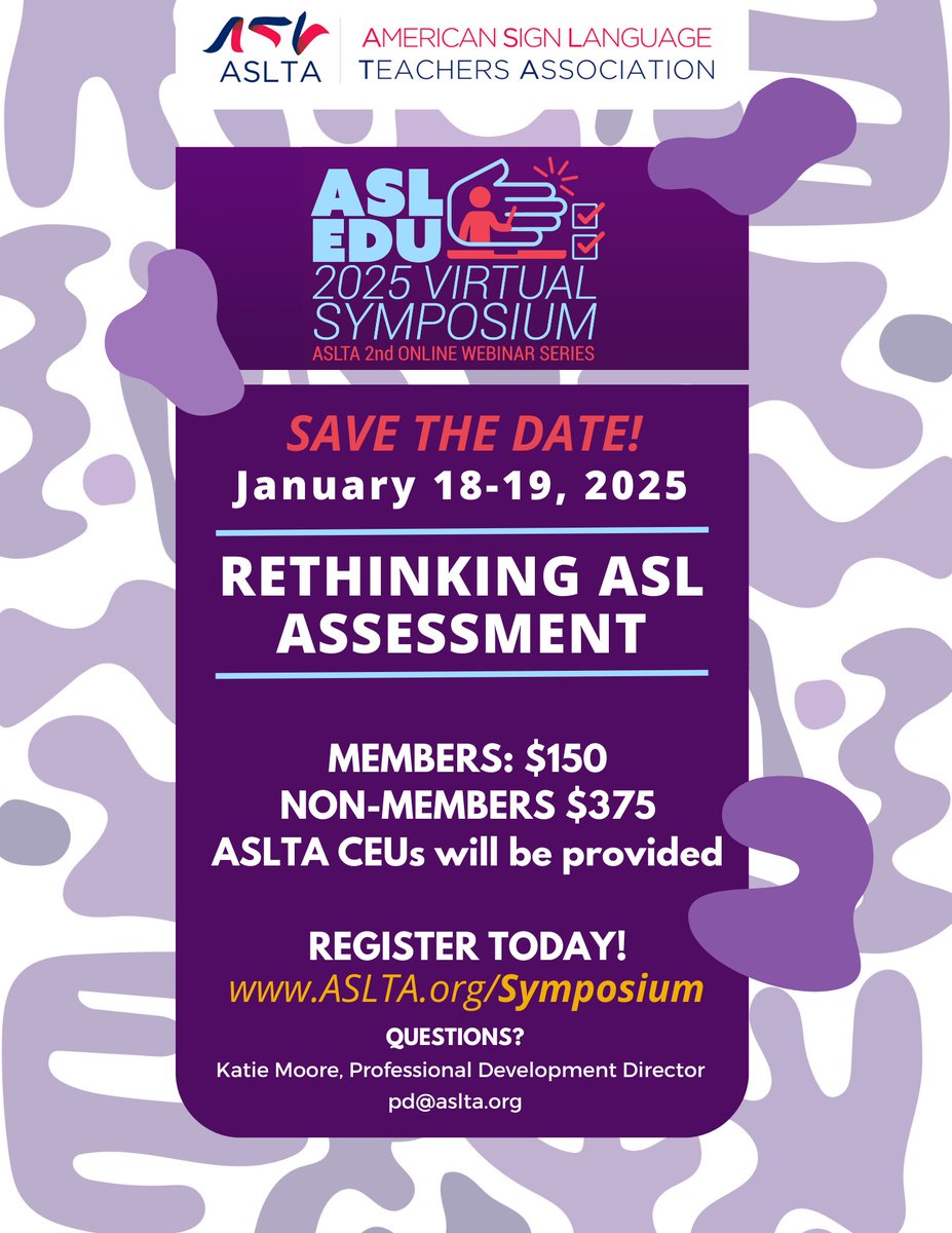 NationalASLTA's tweet photo. Our second virtual symposium will take place Jan 18-19, 2025! We are excited about our selection of presenters and their topics related to ASL assessments.

Register today! https://t.co/4AsaIAQ2j4 https://t.co/mNDlx2mOc3