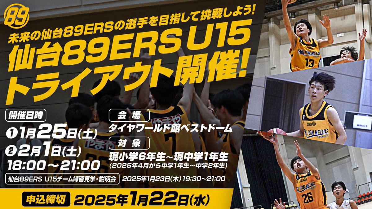 89ERS_Official's tweet photo. ◤　　　　　　　　　　　◥
　🏀仙台89ERS U15🏀
　トライアウト🔥開催！
◣　　　　　　　　　　 　◢

来月1月に、現在小学6年生から中学1年生の男子対象の「2025年度 仙台89ERS U15チーム トライアウト」を開催いたします💪🔥

《練習見学・保護者説明会》2025年1月23日(木) 19:20～20:50 終了予定

《第1回》2025年1月25日(土) 《第2回》2025年2月1日(土) 17:30～21:00 終了予定

■定員 各回25名
■会場
タイヤワールド館ベストドーム

🏀詳しくはこちら
https://t.co/XeynIFyv0E

@89ERS_Academy 
#89ERSU15
#仙台89ERSU15
#89ERS