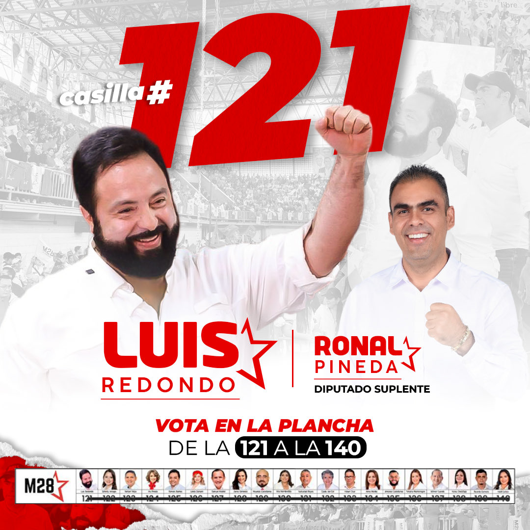 Tu voto en la casilla #121 en la planilla del movimiento <a href="/M28Libre/">M28</a> <a href="/M28LibreCortes/">M28 Cortes</a>, con <a href="/Lredondo/">LUIS REDONDO 🇭🇳</a> ¡vamos hasta la victoria siempre! 💪🏻

Vota en plancha, de la 121 a la 140 
#PoderParaVos