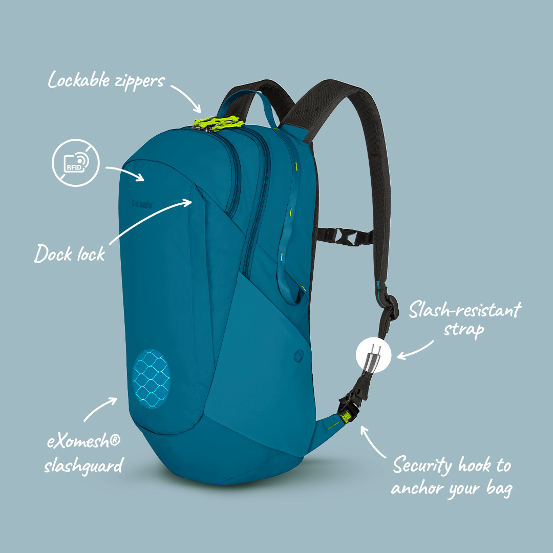 Pacsafe's tweet image. The Pacsafe ECO 25L Backpack has enhanced anti-theft features including lockable zippers, slash-resistant straps, a security hook to anchor your bag, an RFID-blocking pocket, and more. 🔒✔️ #antitheft #SafetyFirst #traveling #pickpockets
