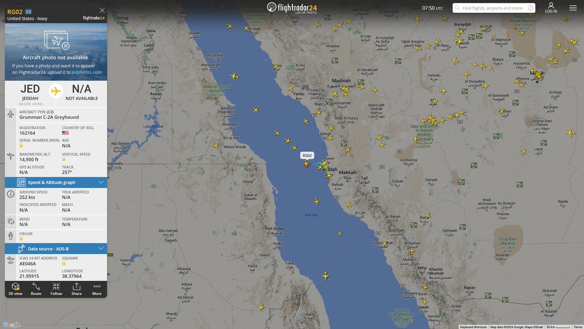 AIYeyENGDdJkjTr's tweet photo. Dec. 23, 2024
#Bahrain #Jeddah #Red Sea 

#USS Harry S. Truman (CVN-75)

#RG02 #AE046A USN C-2A Greyhound https://t.co/LHb1gZEsSv
