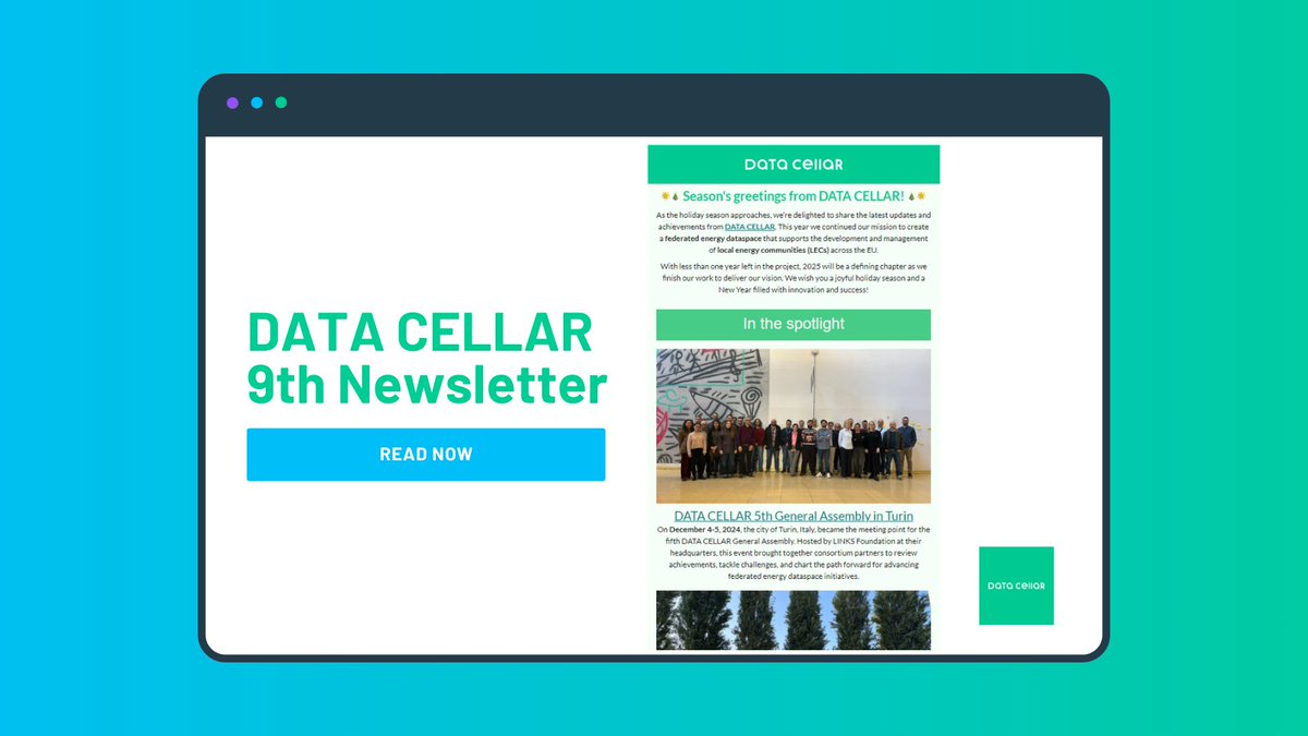 DATACELLAR_EU's tweet image. The latest @DATACELLAR _EU newsletter is here!📰 Here’s what’s inside: 5th General Assembly in Turin, Enlit 2024, first #DATACELLAR webinar, CIRCE’s EEEIC 2024 paper, Meet our partners, and more...
👉ow.ly/xfqj50UuNYh
#DataCellar #EnergyInnovation #EnergyData