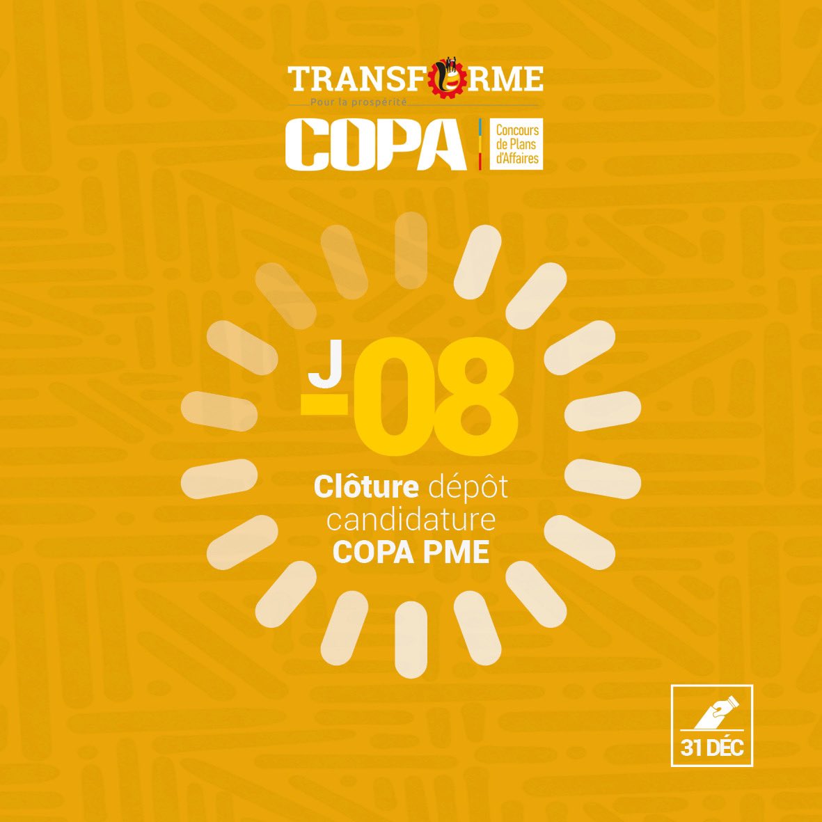 RdcTransforme's tweet photo. Plus que 8 jours avant la clôture des candidatures pour le Concours des plans d’affaires prendra fin. 
N’attendez pas le 31 décembre 2024 pour candidatez. Faites-le dès maintenant 🔥

Êtes-vous une PME ? 
Candidatez à travers ce lien 
https://t.co/g0UY7cZMwV

@tisyamukuna @KanikPascal @malukisasivi 
#projettransforme #RDC #BanqueMondiale #BanqueMondiale #entrepreneuriat #COPATransforme #Innovation #TransformationEconomique #candidature #Entrepreneuriat #rdc #COPA #developpement