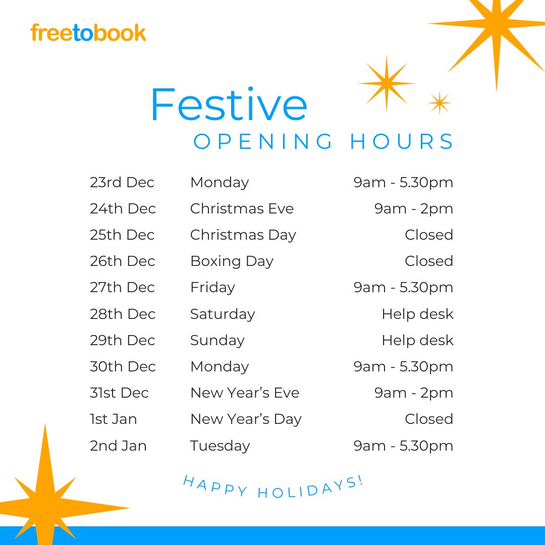 🎄 Christmas is almost upon us! So here's a reminder of when our customer service team will be available over the festive period! ✨

Wishing you a wonderful Christmas and a Happy New Year from all of us at freetobook! 🎉 #CustomerSupport #ChristmasHours