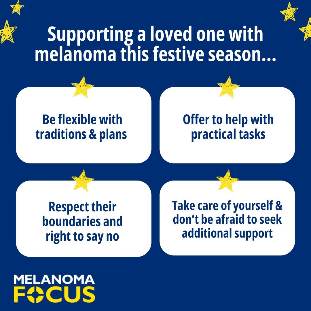 Supporting a loved one with cancer during the festive period can be challenging. We have put together some tips to help you navigate the upcoming days.

Our helpline is open tomorrow (Christmas Eve) 1pm-2pm &amp; 7pm-9pm. 💙 

#melanoma #melanomaskincancer #skincancer #cancer