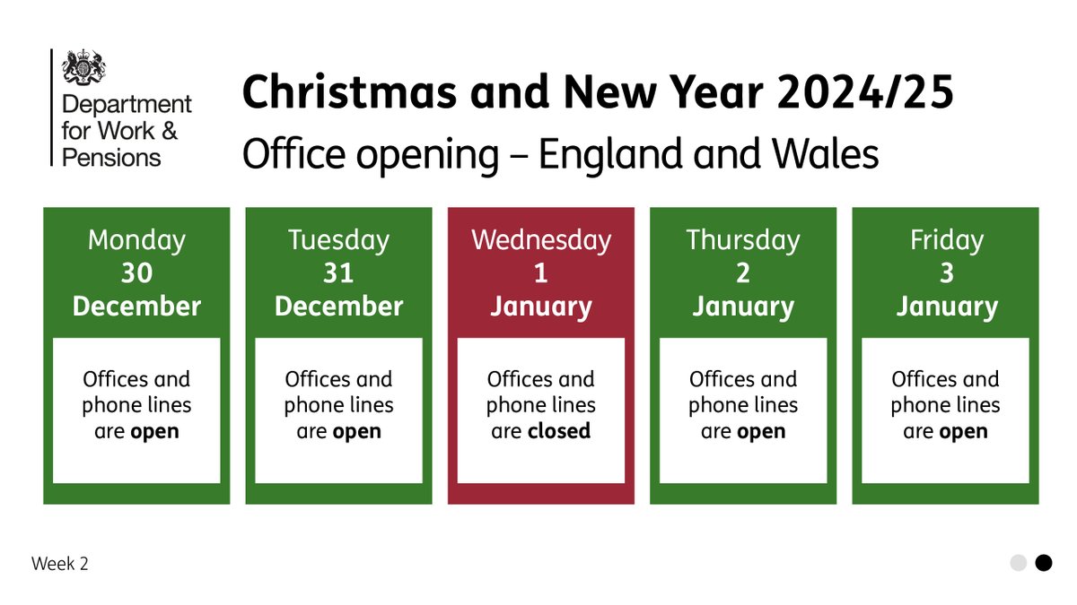 Information for claimants:

Jobcentre Plus offices will be open on these days in England and Wales over the festive period

Find out more ow.ly/QC3v50UpWnw