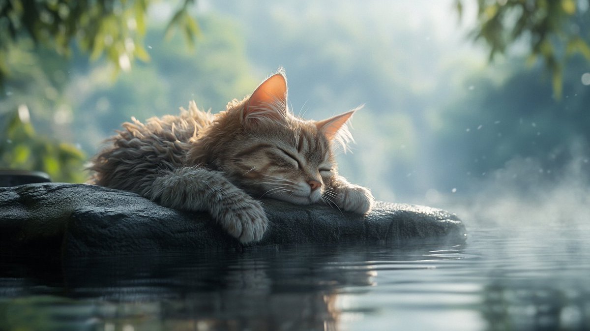 odyssey61734339's tweet image. 「温泉でゆったりと過ごす猫」 'A cat enjoying a calm moment in the hot spring.' #CalmCat #HotSpring