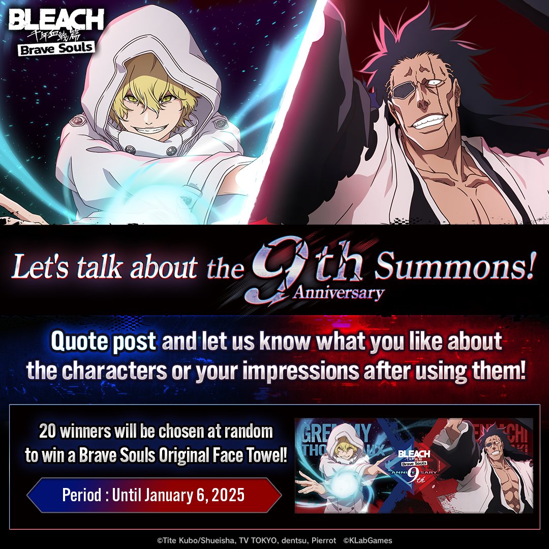 bleachbrs_en's tweet image. Let's talk about the 9th Anniversary Summons!

How to Enter
1⃣ Follow @bleachbrs_en
2⃣ Quote repost the picture of the character of your choice in this post's replies with its hashtag and your thoughts about them!

Details
tinyurl.com/yr27s532

#BraveSouls