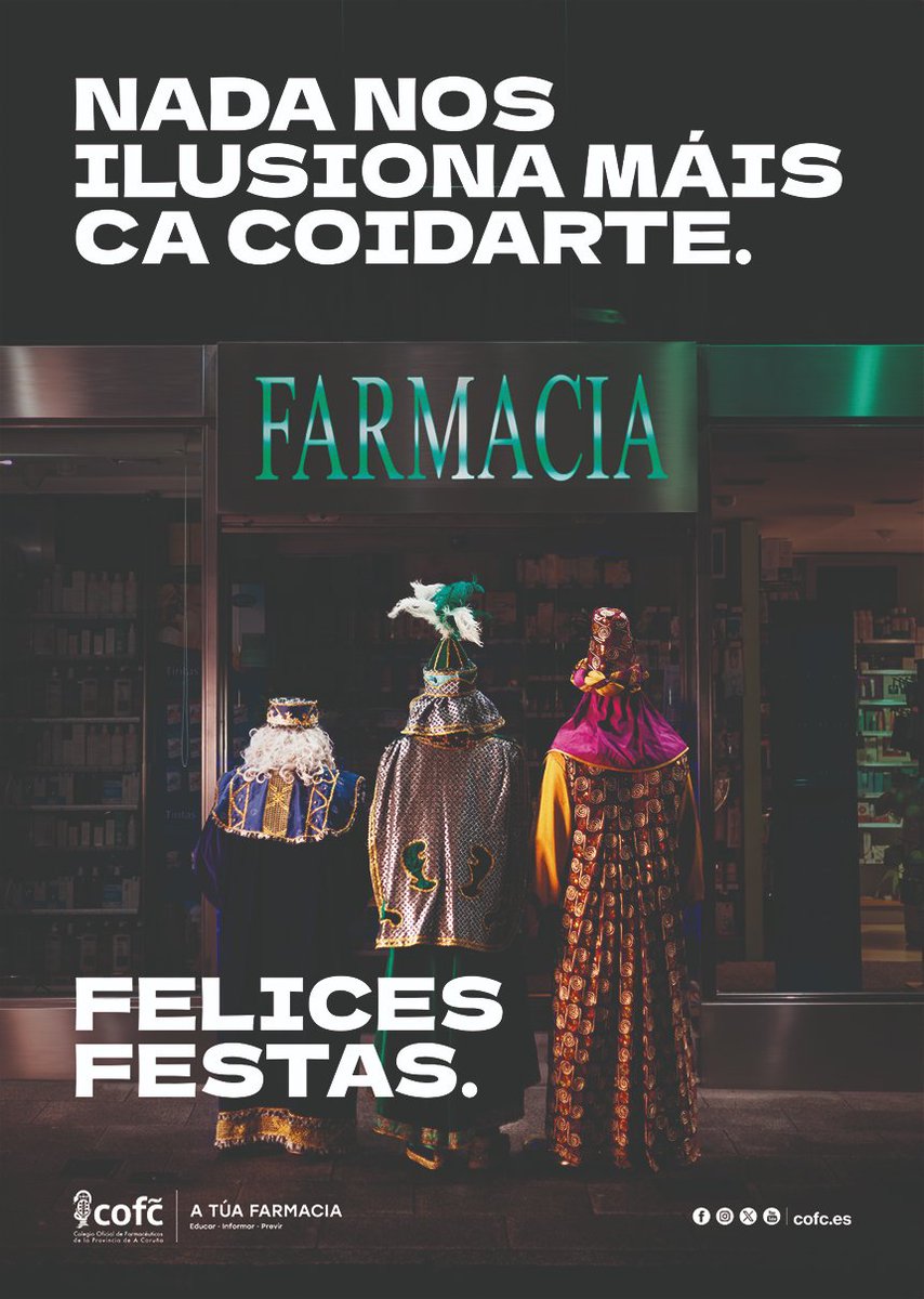 COFCoruna's tweet photo. Desde el Colegio Oficial de Farmacéuticos de A Coruña os deseamos Feliz Navidad y un saludable 2025 
🎄🧑‍🎄
Desde o COFC desexámosvos Bo Nadal e un saudable 2025 https://t.co/rNQVTu3mPr