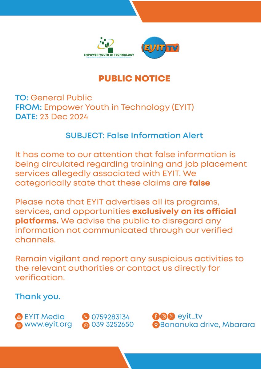 EYIT_TV's tweet image. ⚠️ False Information Alert: EYIT reminds the public to rely only on official platforms for authentic updates on programs and services. Stay vigilant and report suspicious activities. 📞 Contact us for verification. #EYIT #PublicNotice