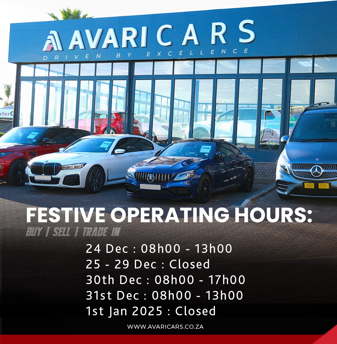 🎄 Festive Season Operating Hours 🎄
Plan your visit to Avari Cars this holiday season! 

📅 24 Dec: 08:00 - 13:00
📅 25 - 29 Dec: Closed
📅 30 Dec: 08:00 - 17:00
📅 31 Dec: 08:00 - 13:00
📅 1 Jan 2025: Closed

avaricars.co.za.
#AvariCars #FestiveSeason #OperatingHours