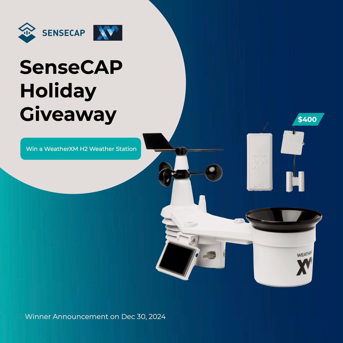 🎄Holiday #Giveaway! Enter to win a FREE <a href="/WeatherXM/">WeatherXM</a> H2 Weather Station!

Rules
1️⃣ Follow <a href="/sensecapmx/">sensecapmx 🎈</a> &amp; <a href="/WeatherXM/">WeatherXM</a>
2️⃣ ❤️ this post
3️⃣ RT with #SenseCAP
2 winners picked: Dec 30, 2024 

🎁BONUS: Get 15% OFF on H2 Station w/ code: 𝗦𝗘𝗡𝗦𝗘𝗖𝗔𝗣𝟭𝟱
🛒 weatherxm.com/product/ws2001…