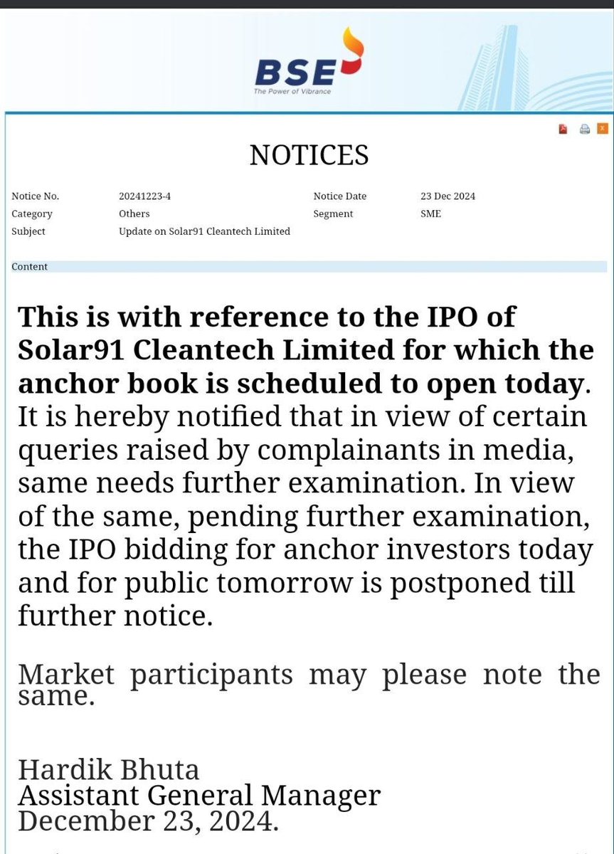 themukulagrawal's tweet photo. BSE has postponed the SME IPO of #Solar91 Cleantech after concerns over its quick valuation rise and SEBI's new rules on IPO proceeds.
The IPO, which was set to open on Tuesday, will now be delayed for further review.
#IPO #Solar91 #BSE https://t.co/w3uyMJhmlf