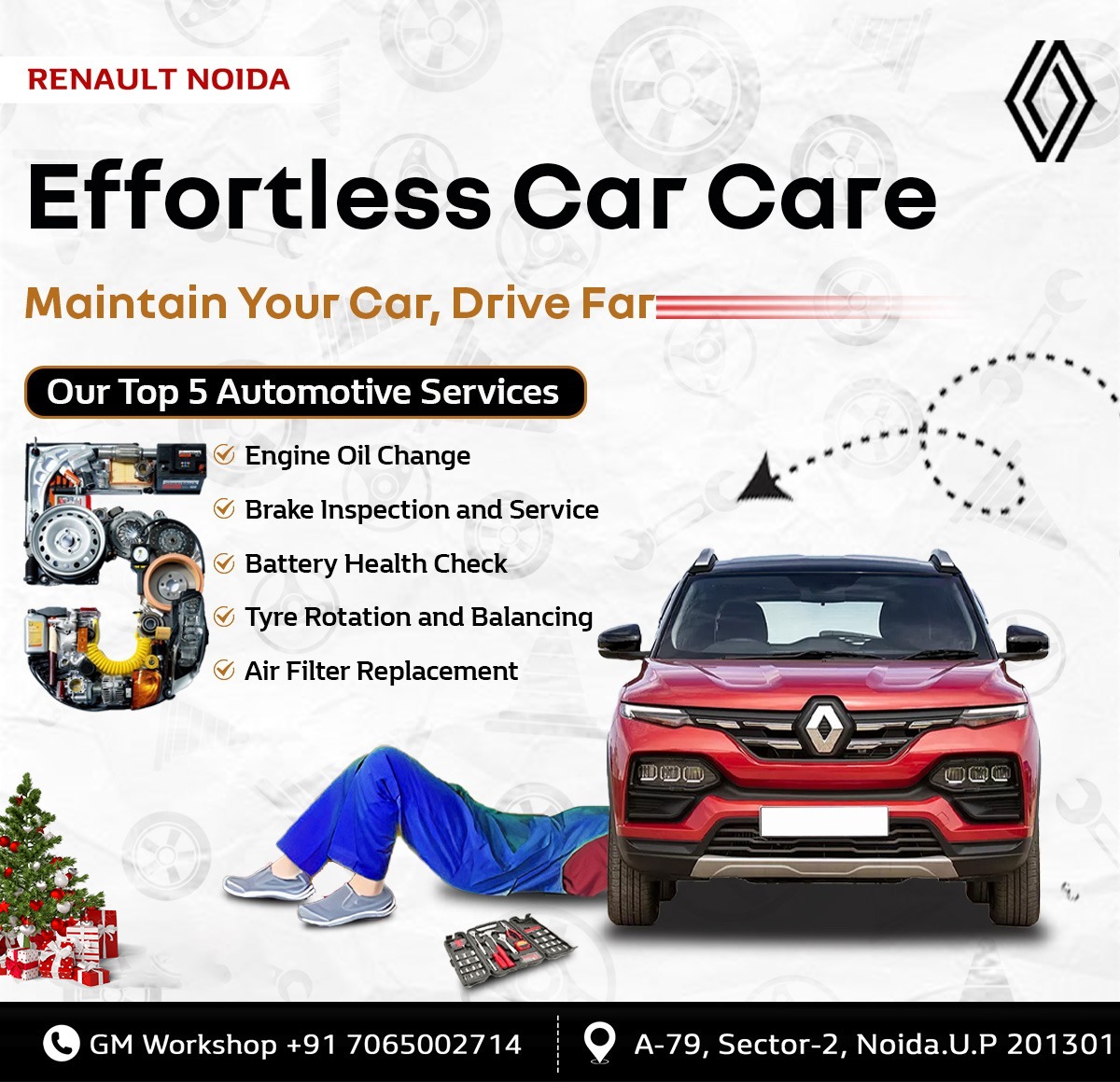 RenaultNoida's tweet photo. Effortless Car Care at Renault Noida workshop!🚘 
Keep your car running smooth and hassle-free with our Top 5 Automotive Services:
✔ Engine Oil Change
✔ Brake Inspection &amp; Service
✔ Battery Health Check
✔ Tyre Rotation &amp; Balancing
✔ Air Filter Replacement
.
Call: 07065002714 https://t.co/FOGIhMMdsY