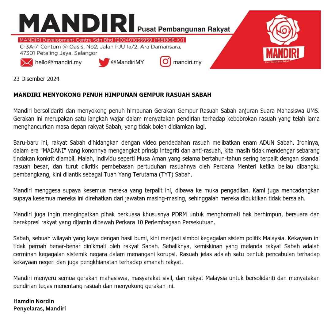 MandiriMY's tweet photo. Kenyataan Media
23 Disember 2024

Rasuah jelas adalah satu bentuk pencabulan terhadap kekayaan negara dan juga pengkhianatan terhadap amanah rakyat. 

MANDIRI menyokong penuh Himpunan Gempur Rasuah Sabah

#PandangKeSabah #GempurRasuahSabah https://t.co/7Dn0prYQ6I