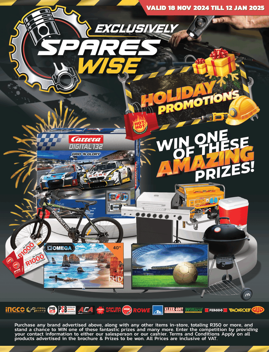 modimollespares's tweet photo. 🎄✨ This festive season, Spares Wise brings you epic deals &amp; prizes! Spend R350+ on advertised brands or in-store items &amp; stand a chance to win TVs, generators, vouchers &amp; more! 🎁

📅 Nov 18, 2024 – Jan 12, 2025

👉 https://t.co/Qm33YMKp8N

#SparesWiseFestiveFun #WinBig https://t.co/x6nncTvVTZ