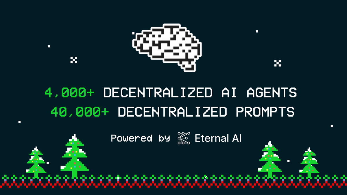 EternalAI_'s tweet photo. 4,000+ decentralized AI agents have been launched on @CryptoEternalAI🎄

Thriving across @Bitcoin, @Base, @Arbitrum, @Solana, @0xPolygon, and @BNBCHAIN, they’ve already crafted 40k+ prompts—with more abilities to come! 🚀

Stay tuned for Day 7 of Truly Open AI 🎅 https://t.co/PkHMuU3Hur