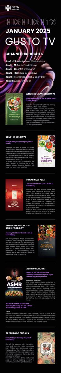 open_browser's tweet image. Check out Gusto TV&apos;s January preview. 
lt&apos;s all about to be revealed!🔥🔥🔥
How to watch: Open the Open Browser, then go to live, find &quot;GustoTV&quot; to watch!🔥🔥🔥
Stay tuned to our X page and don&apos;t miss a moment!🔥🔥🔥
#Open Browser #GustoTV