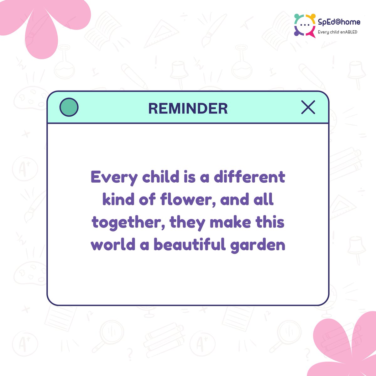 "‘Every child is a different kind of flower, and all together, they make this world a beautiful garden.’ 🌸💙
At SpEd@home, we believe in nurturing every child’s potential to bloom.
#MotivationMonday #CelebrateUniqueness #SpecialEducation"