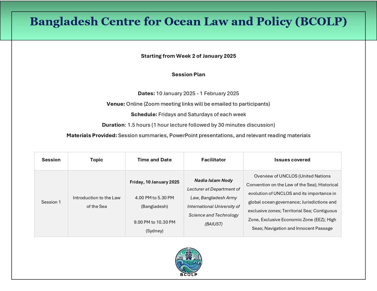 bcolp2022's tweet photo. Here is the Program Outline for BCOLP’s Law of the Sea Training Workshop! This month-long program is designed to provide participants with a comprehensive understanding of ocean governance, with a special focus on Bangladesh’s maritime issues. https://t.co/zqQPwK1yHr