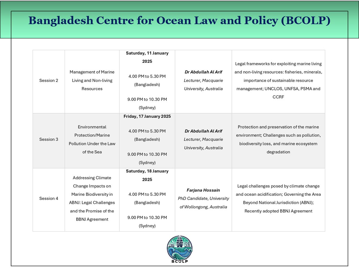 bcolp2022's tweet photo. Here is the Program Outline for BCOLP’s Law of the Sea Training Workshop! This month-long program is designed to provide participants with a comprehensive understanding of ocean governance, with a special focus on Bangladesh’s maritime issues. https://t.co/zqQPwK1yHr