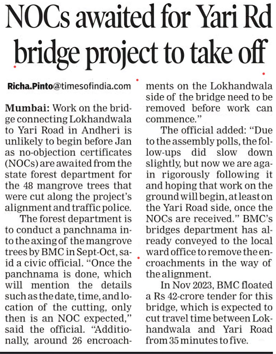 NOCs awaited for
Yari Road bridge 🌉  project to
Take off
🖊  <a href="/richapintoi/">Richa Pinto</a>
State Forest Department
for
48 Mangroves trees to be cut
&amp;
Traffic Police

Also 26 encroachers on
SVP Nagar side need to be removed

<a href="/Sahanasatianaat/">Sahana</a>
<a href="/MumbaiWiki/">Mumbai Wiki</a>
<a href="/sanjaysuri/">sanjay suri</a>
<a href="/RandeepHooda/">Randeep Hooda</a>
<a href="/SimrankMundi/">Simran Kaur Mundi</a>