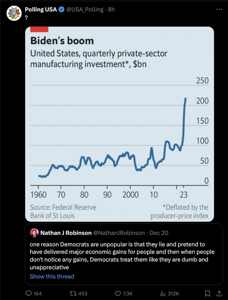 Yes, one example of the phenomenon I'm describing would be pointing at a chart that says "quarterly private sector manufacturing investment" and acting like people living in their cars or children going to school hungry should see that as proof they're wrong about their condition