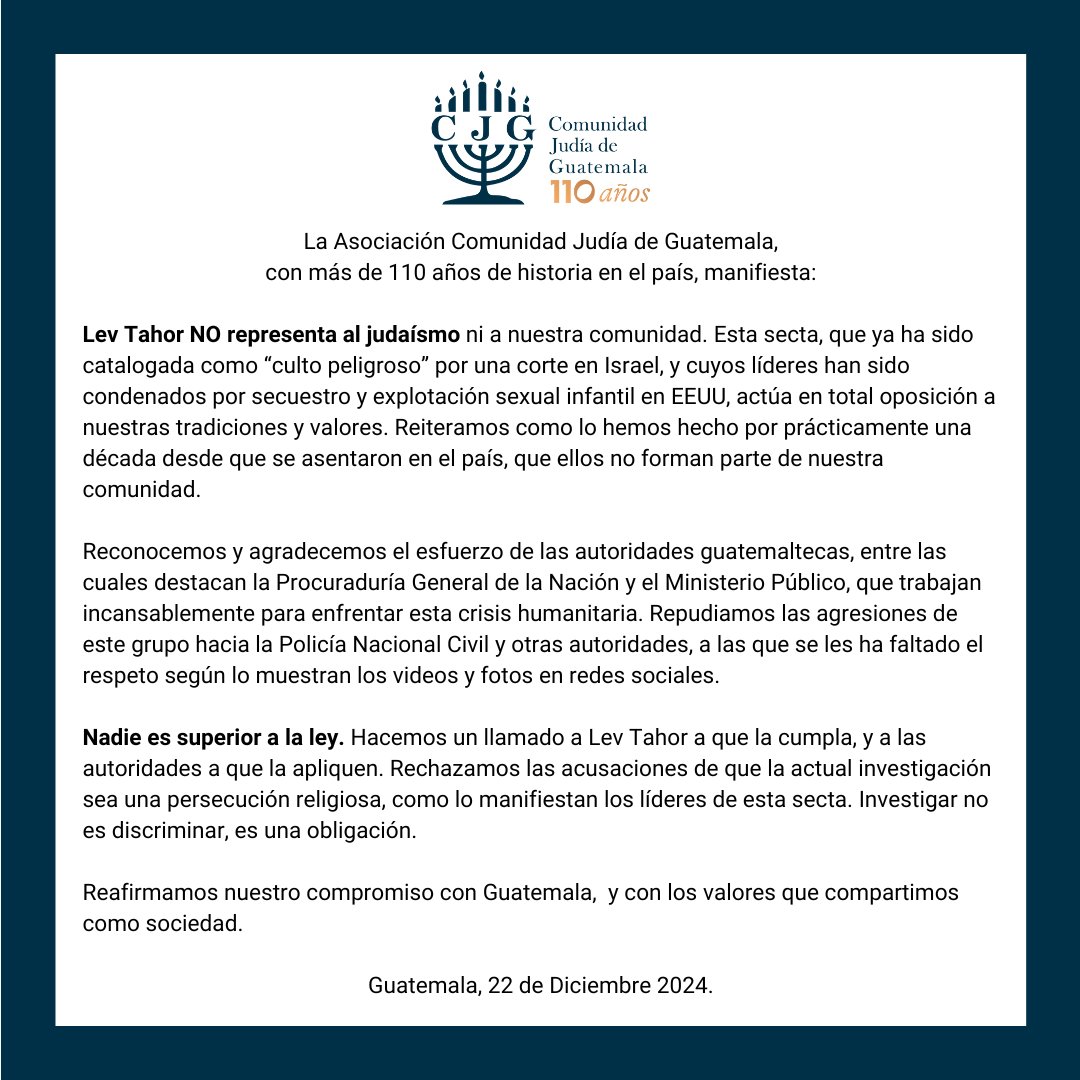 cjggt's tweet photo. Comunicado de la Comunidad Judía de Guatemala frente a la secta Lev Tahor.

@MPguatemala
@PGNguatemala
@MinexGt
@PNCdeGuatemala
@mingobguate https://t.co/7cjX1pg6Vm