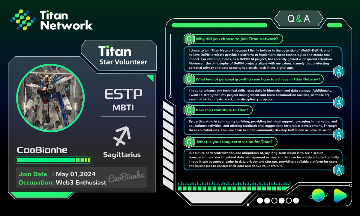 Titansuperstar2's tweet photo. #TitanSuperstar
Hello everyone! Greetings from Titan Network! 🎉 At this special moment, we are honored to recognize the eighth Titan Network Community Star Builder from the Chinese community—Cao Bian @bingqidadaHe. As an early member of the Chinese community, he has made tremendous efforts in developing and promoting the Titan Network.

Cao Bian He has edited tutorials for running Titan nodes and published multiple articles promoting Titan Network on Medium. Additionally, he actively answers users' questions in the community, helping more people understand and participate in Web3 development. His contributions have played a key role in growing the Titan Chinese community and deeply inspire each one of us.

Here, Titan Network is honored to express our gratitude and respect to Cao Bian He, thanking him for spreading light in the community and promoting the prosperity of the Web3 ecosystem. Let's continue to work together to build an even more brilliant DePIN ecosystem!

May everyone embark on an exciting journey in the vast universe of Web3, and may our community continue to grow and achieve an even more outstanding future! Welcome to join the Titan Network TG 🇨🇳 group: https://t.co/PydhDS9NQj
@Titannet_dao
#TitanBuilder #TitanNetwork #DePIN #Web3 #TitanSuperStar