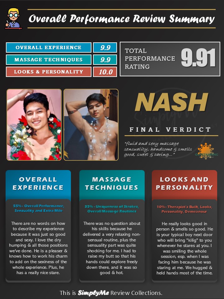 OVERALL PERFORMANCE REVIEW SUMMARY 

Spa: URBN WELLNESS SPA (<a href="/URBN_wellnesspa/">URBN_wellnesspa</a>)
Therapist: NASH (<a href="/nash_cruz2606/">Nash cruz</a>)

"fluid and sexy massage sensuality, good-looking &amp; smells good, sweet &amp; mysterious…”

OVERALL EXPERIENCE
I availed myself of Package 7 (Holistic Massage for 90