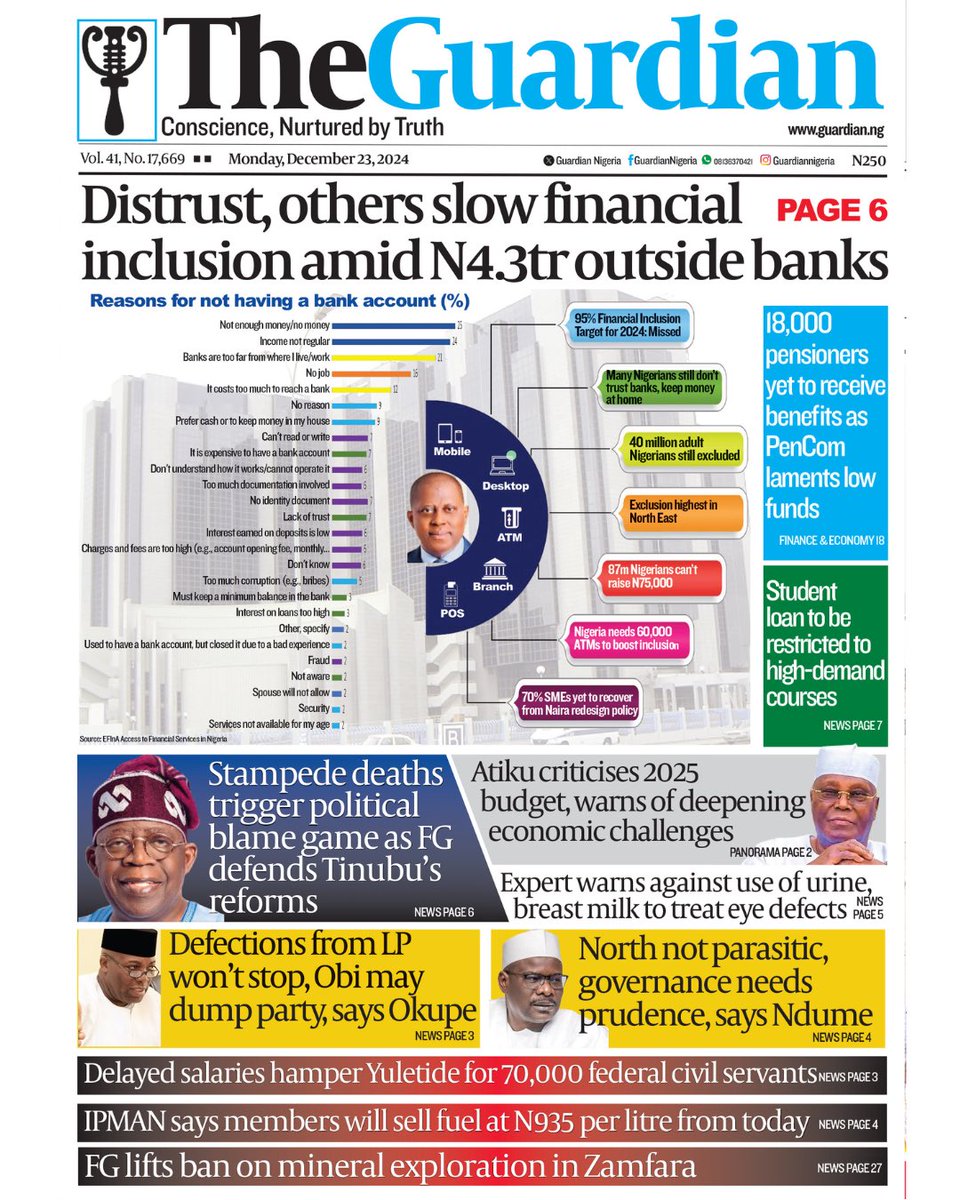 GuardianNigeria's tweet photo. These are the headlines in today’s edition of The Guardian.
Get The Guardian on the newsstands for the latest in world news, sports, and in-depth analysis.
Visit https://t.co/EiKkmggTy3 for more.
#Finance #Stampede #Tinubu #Atiku #Obi #Okupe #MinimumWage #IPMAN #FuelPrice #BreakingNews #Nigeria #Nigerians