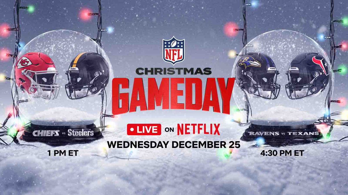 Attention football fans: two NFL Christmas Day games will air live on Netflix! At 1 PM ET, the Chiefs take on the Steelers and the Ravens face the Texans at 4:30 PM ET. It’s the perfect day to start a new holiday tradition! social.zebra.com/6014oexXO