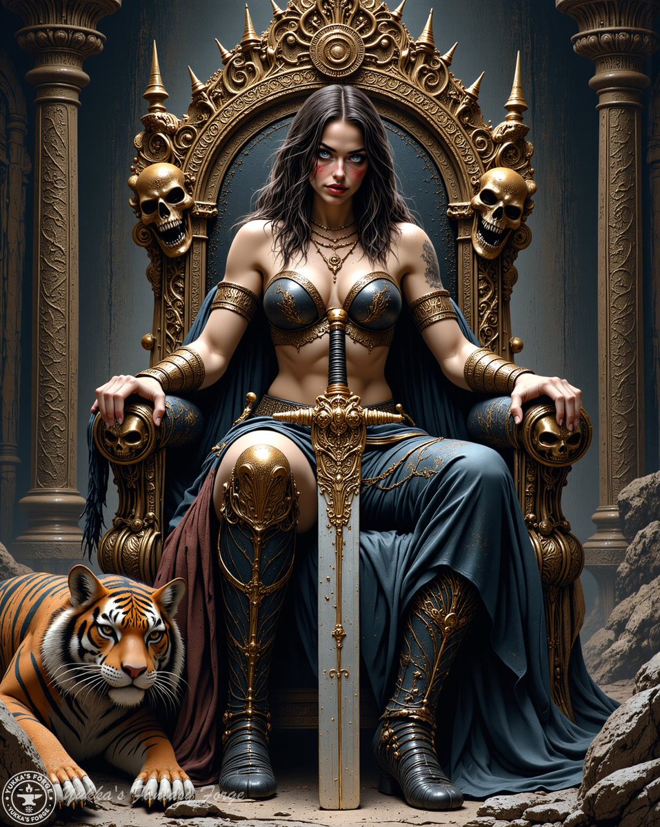 YukkasForge's tweet photo. ⚔️ "Ashara: Warrior Queen of the Golden Throne"
With her tiger guardian and a throne of gold, Ashara is the embodiment of power and strength. What drives her reign—justice or vengeance? 🐅👑
#AiArt #Ashara #FantasyQueen #DigitalArt https://t.co/e8QgYJ2pQd