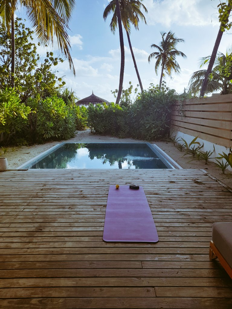 MsJoanneHeywood's tweet photo. There are sunrise and sunset yoga sessions here at Fushifaru.  🧘‍♀️

I haven't made it to sunrise yet but they've kindly provided a yoga mat in the villa, so I've done my own session this morning. 🙏

#FeelingVirtuous 😁 #BestWayToStartTheDay
#LuckyMe ! https://t.co/GqtAmCOc4r
