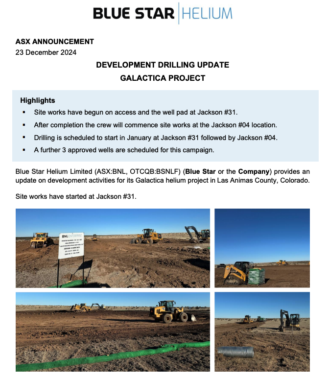 <a href="/HeliumBlue/">Blue Star Helium Limited</a> (#ASX: $BNL; #OTCQB: $BSNLF) has started site works at its Galactica project and expects drilling to start, subject to weather, in mid-Jan ‘25 at Jackson #31 followed by drilling at Jackson #04: tinyurl.com/y933eu9w

#asxnews #Helium