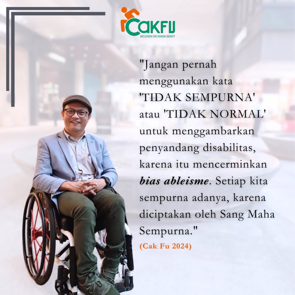 Tuhan Maha Sempurna mustahil bagi Tuhan menciptakan makhluk-Nya Tidak Sempurna. 
Jika kita menyebut penyandang disabilitas sebagai individu tidak sempurna, bukankah artinya kita sedang meyakini bahwa Tuhan melakukan kesalahan?
#disabilitas 
#stigma