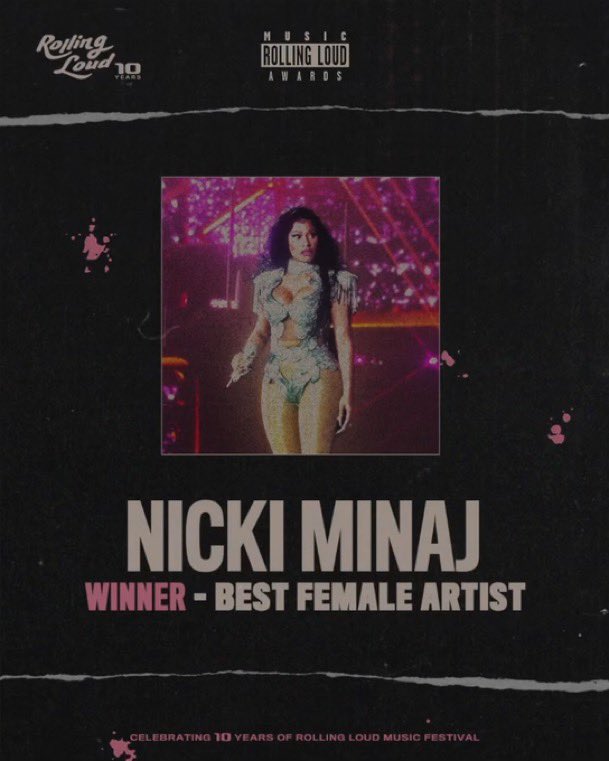 nickiminajth_'s tweet photo. Nicki Minaj ชนะรางวัล Best Female Artist จากครั้งแรกของงานประกาศรางวัล Rolling Loud Music Awards คงสถิติแรปเปอร์ที่ได้รับรางวัลมากที่สุดในประวัติศาสตร์ค่ะ https://t.co/31t3QTG0LG