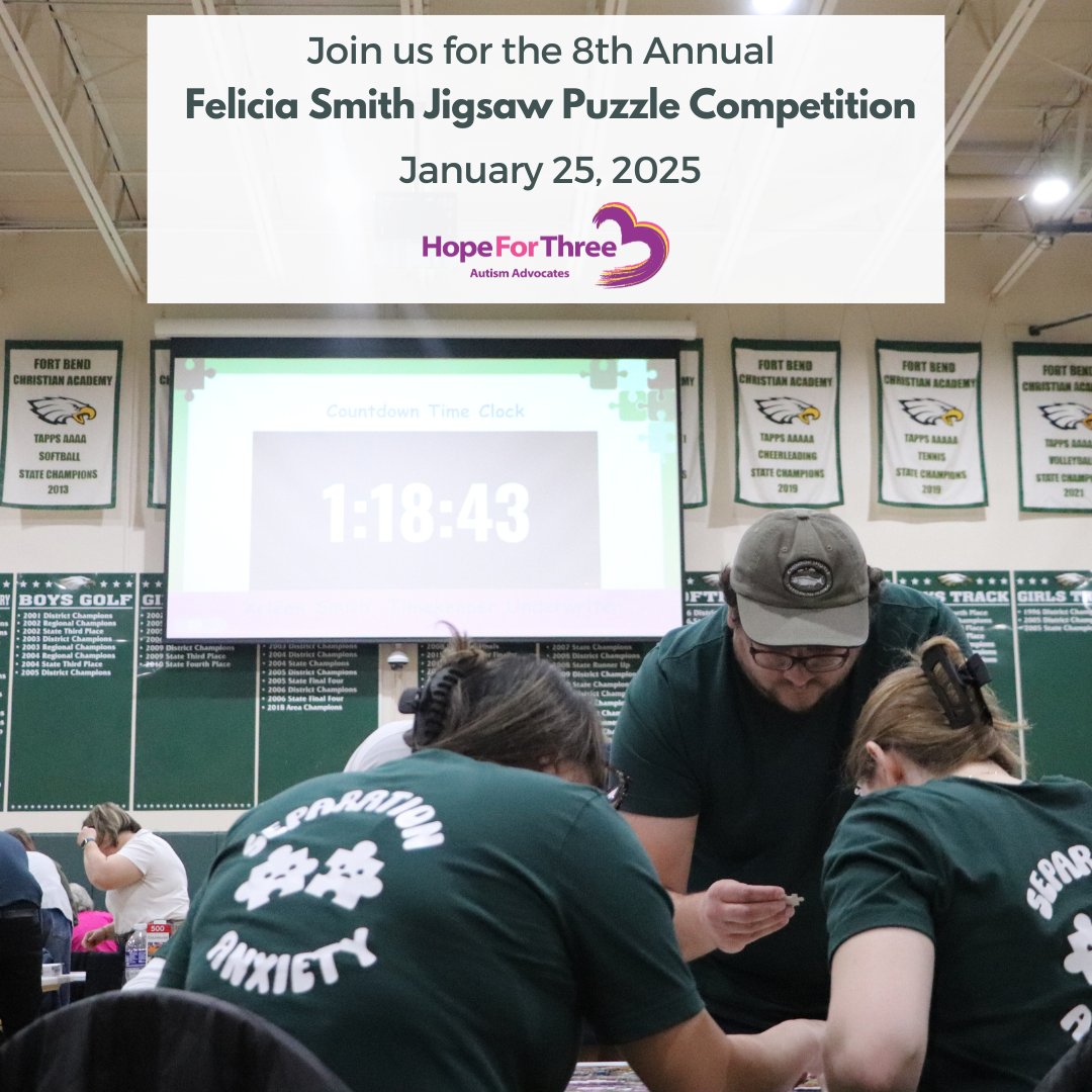 Hope_for_three's tweet image. One month left! 🧩⏳ The 8th Annual Felicia Smith Jigsaw Puzzle Competition is on January 25, 2025. Register today and support autism awareness. 
hopeforthree.org/events/
.
.
#HopeForThree #JigsawPuzzleCompetition #Countdown
