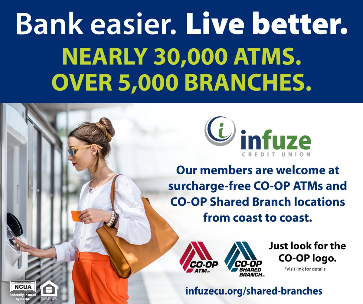 No more ATM hunting! 
🌐 Infuze Credit Union members can now effortlessly locate 30,000+ ATMs and 5,000+ shared branches.  infuzecu.org/shared-branches

Download the app today and experience the convenience! 📲  infuzecu.org/mobile

#SharedBanking #bankingapp #onlinebanking