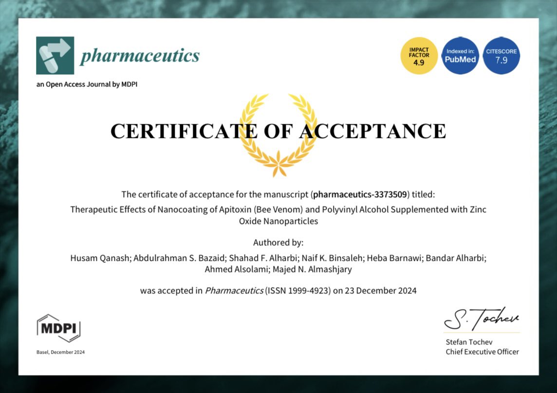 Alahdal_PhD's tweet photo. بفضل الله ومن ثم بدعم جامعة حائل،نجح فريقنا البحثي في ابتكار مُركب من سم النحل🐝 وجزيئات أكسيد الزنك النانوية أثبت فعاليته كمضاد للميكروبات المقاومة للمضادات الحيوية،ومثبط لنمو الخلايا السرطانية،ومحارب للأكسدة والإلتهابات ومرض السكري وتم قبول نشر الدراسة في مجلة @MDPIpharma فئة Q1