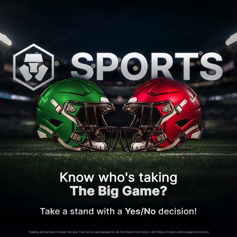 cryptocom's tweet photo. Sports is a CFTC-regulated Crypto․com App feature available nationwide 🇺🇸

Trade your opinion on The Big Game and more with a straightforward Yes/No decision 🏟️