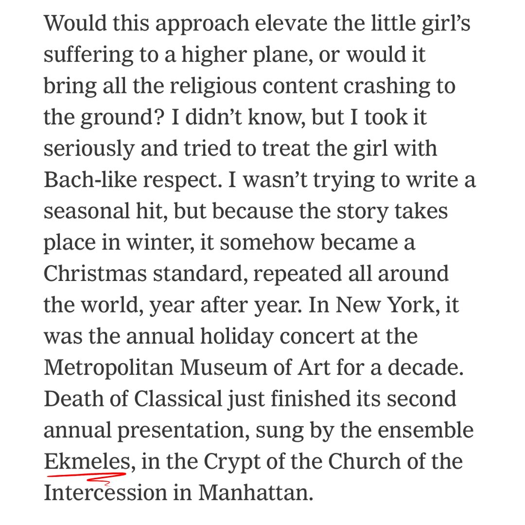 Ekmeles (@ekmeles) on Twitter photo Thank you <a href="/davidlangmusic/">david lang</a> for your mention of us in <a href="/nytimes/">The New York Times</a> 📰
It’s a great privilege to sing “The Little Match Girl Passion” as part of the newest <a href="/deathoclassical/">Death of Classical</a> holiday tradition. Read composer David Lang’s full article below! ⬇️
nytimes.com/2024/12/20/art… Thank you <a href="/davidlangmusic/">david lang</a> for your mention of us in <a href="/nytimes/">The New York Times</a> 📰
It’s a great privilege to sing “The Little Match Girl Passion” as part of the newest <a href="/deathoclassical/">Death of Classical</a> holiday tradition. Read composer David Lang’s full article below! ⬇️
nytimes.com/2024/12/20/art…