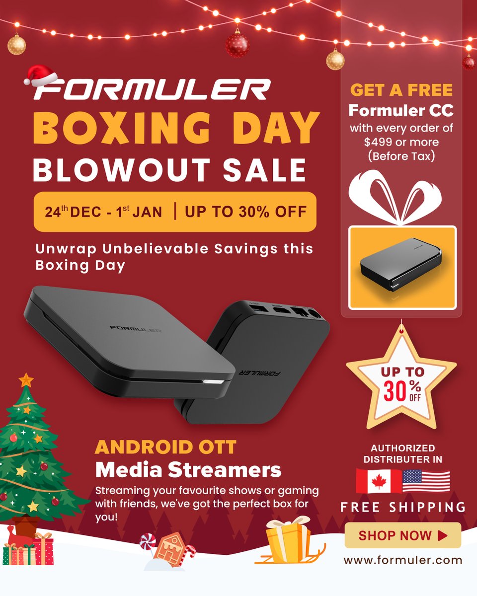 Formulerdotcom's tweet image. Celebrate The Season With Unbeatable Boxing Day Discounts. Formuler IPTV Box is a tech brand known for its high-quality streaming devices.
Shop Now: formuler.com
#BoxingDay @Canada #Formuler #electronics #Toronto #offers #Deals