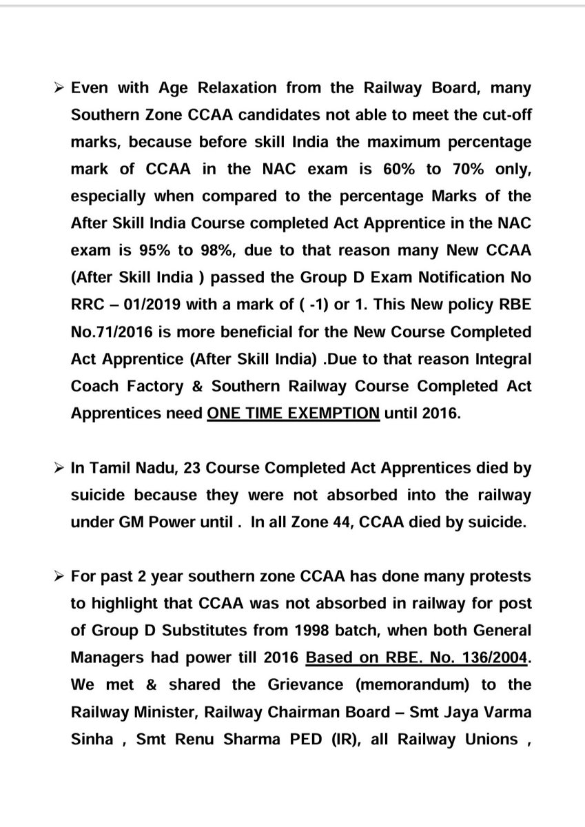 Praveen37199940's tweet photo. @RailMinIndia 
-Based on RBE No:136/2004 some Zone CCAA Absorbed in railway as Substitute khalasi in GM power till 2016,why Southern zone CCAA not absorbed from 1998?
-Based on RBE No:71/2016 - 20%quota to CCAA.Change horizontal reservation in RRC 01/2019 Exam fill up with CCAA . https://t.co/0PzgfEfRZ0
